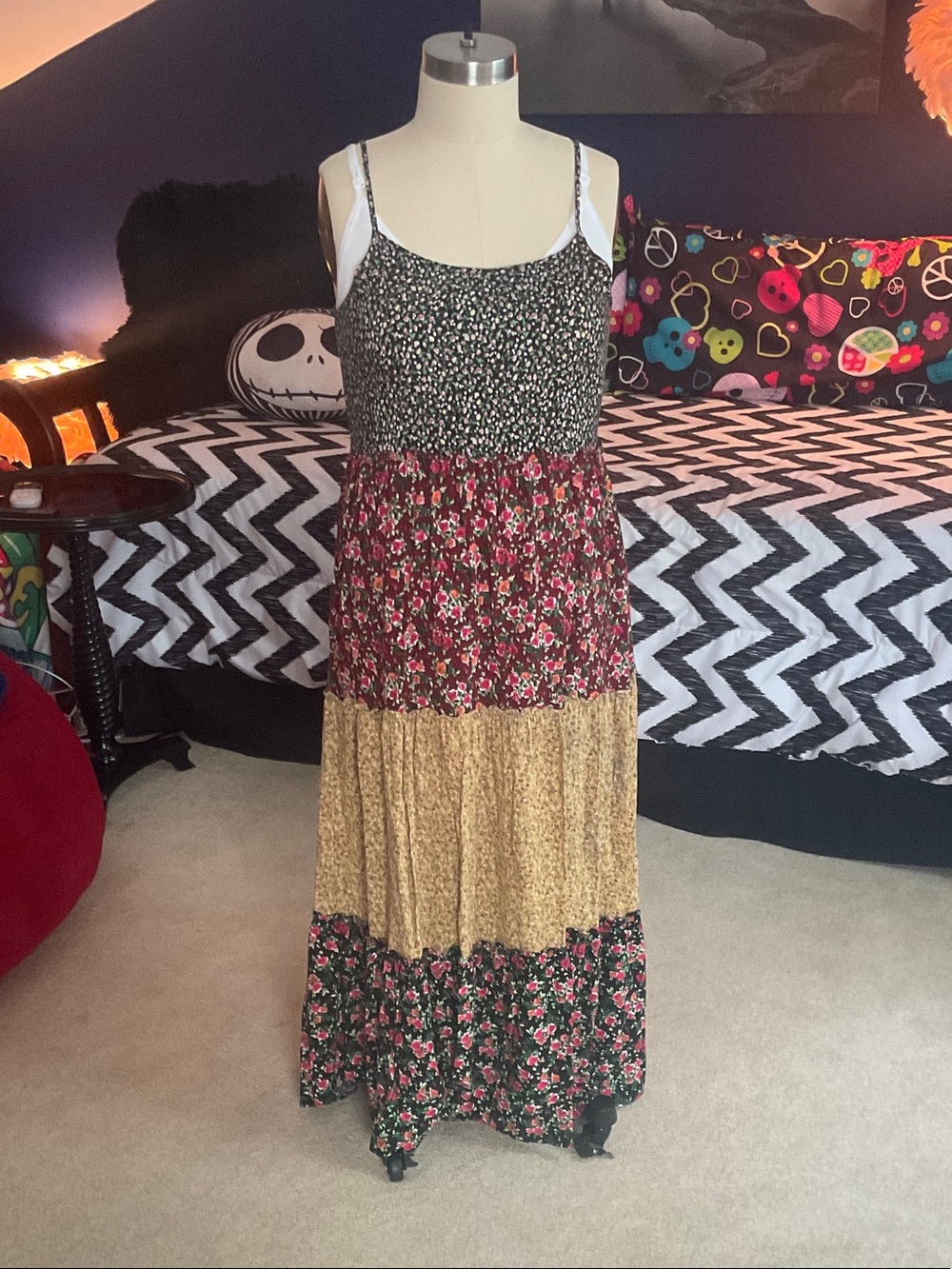NATURAL LIFE Floral Tiered Maxi Dress in Black and Mustard